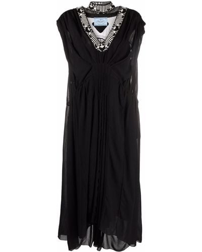 Prada Jacquard Knit-trim Draped-effect Long Dress - Black