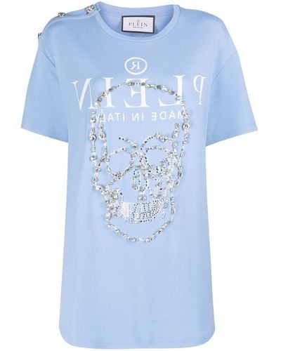 Philipp Plein T-shirt à tête de mort ornée de cristaux - Bleu