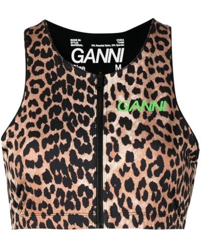 Ganni Leopard-print Zip-up Crop Top - Black