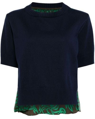 Sacai Printed-panel Ribbed Knitted Top - Blue