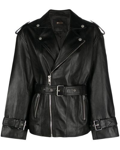 Maje Belted Leather Jacket - Black