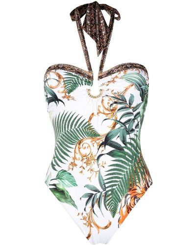 Camilla Neckholder-Badeanzug mit Tiger-Print - Weiß