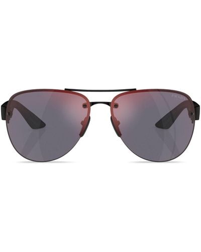 Prada Linea Rossa Logo-print Round-frame Sunglasses - Brown