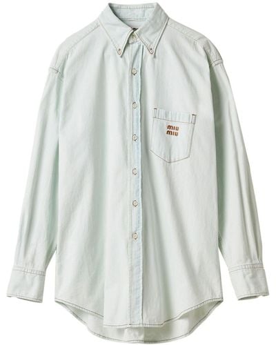 Miu Miu Logo-embroidered Denim Shirt - Women's - Cotton - Grey