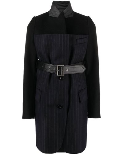 Sacai Belted Pinstriped Wool Blazer - Black