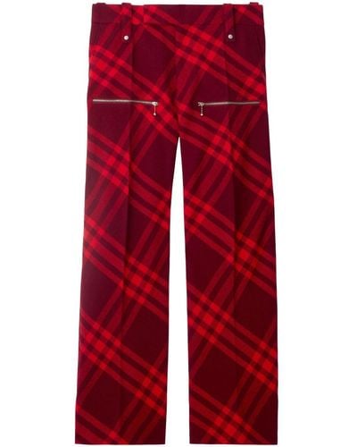Burberry Plaid-check Wide-leg Wool Pants - Red