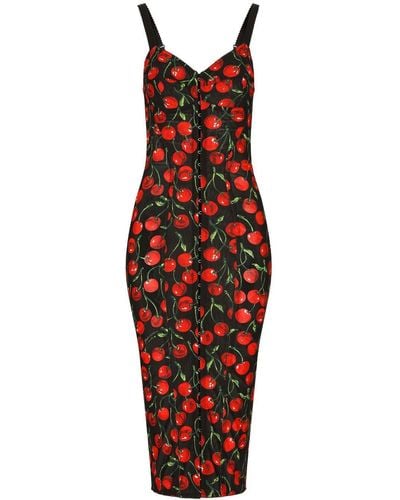 Dolce & Gabbana Cherry-Print Stretch Calf-Length Corset Dress - Red