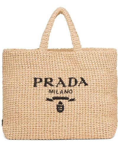 Prada Logo-embroidered Raffia Tote Bag - Natural