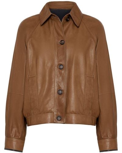 Brunello Cucinelli Leather Shirt Jacket - Brown
