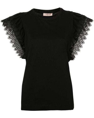 Twin Set Embroidered-sleeves cotton blouse - Schwarz