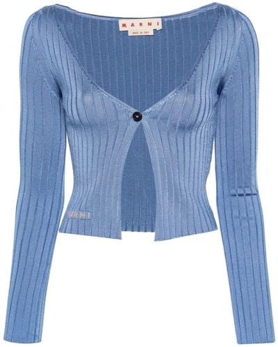 Marni Embroidered-logo Ribbed-knit Cardigan - Blue