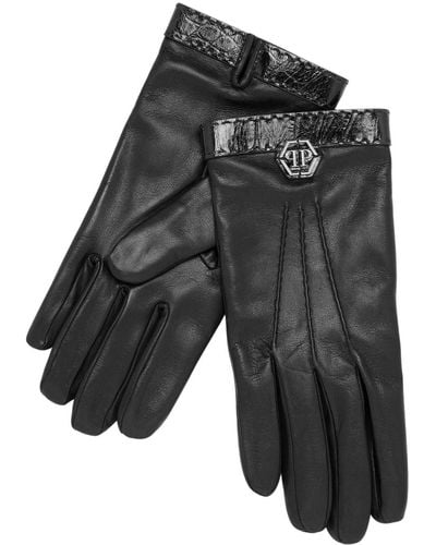 Philipp Plein Logo-patch Leather Gloves - Gray