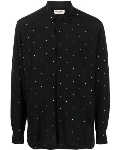 Saint Laurent Polka Dot Embroidery Silk Shirt - Black
