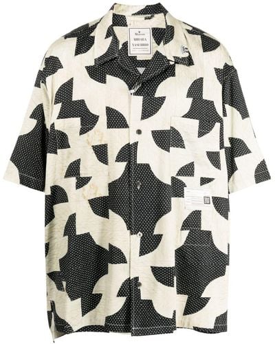 Maison Mihara Yasuhiro Patchwork-pattern Cuban-collar Shirt - Grey