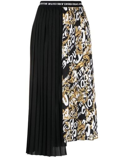 Versace Logo Brush Couture-print Pleated Midi Skirt - Black