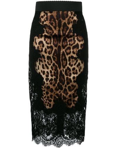 Dolce & Gabbana Falda midi en raso con estampado de leopardo y aplicaciones de encaje - Negro