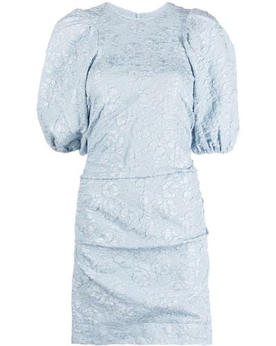 Ganni Floral-jacquard Puff-sleeve Dress - Blue