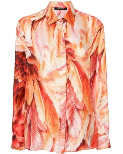 Roberto Cavalli Camisa con estampado de plumaje - Naranja