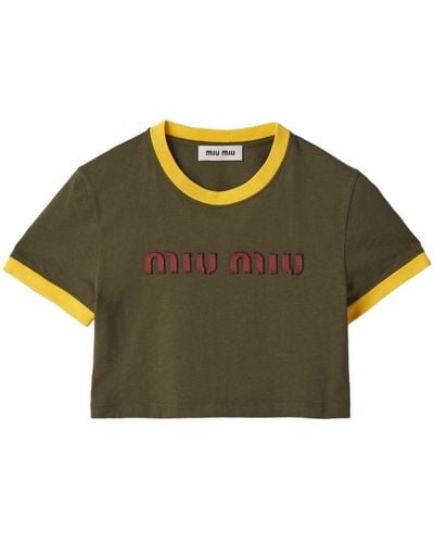 Miu Miu Cropped-T-Shirt mit Logo-Stickerei - Grün