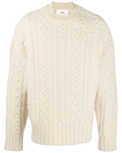 Ami Paris Cable-knit Crew-neck Sweater - White