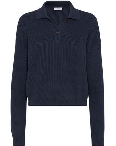 Brunello Cucinelli Ribbed-knit Cotton Polo Shirt - Blue