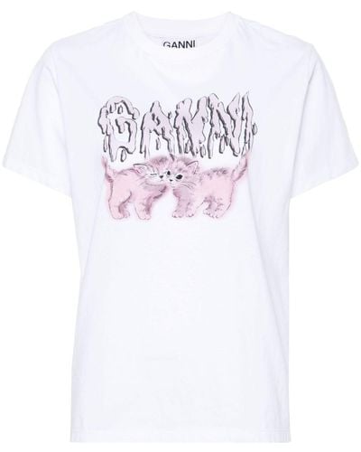 Ganni Cats T-Shirt aus Baumwolle - Weiß