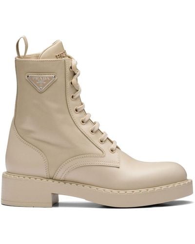 Prada Brushed Leather Lace-up Boots - Natural