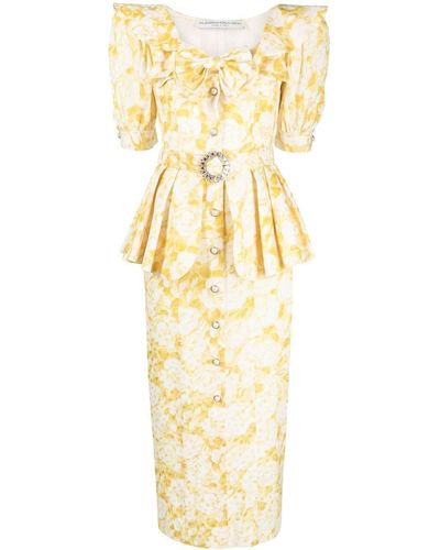 Alessandra Rich Floral Peplum Midi Silk Dress - Metallic
