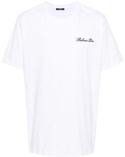 Balmain Katoenen T-shirt Met Geborduurd Logo - Wit