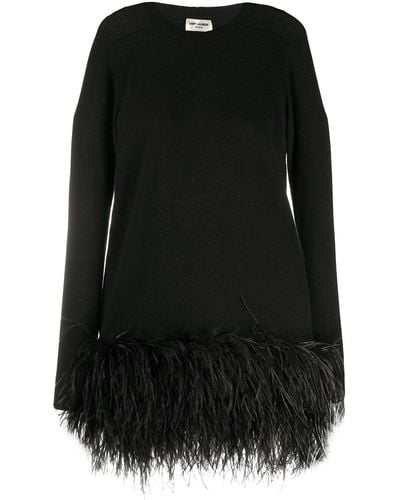 Saint Laurent Feather Hem Mini Dress - Black