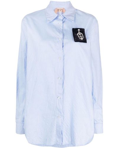 N°21 Crystal Embellished-patch Cotton Shirt - Blue