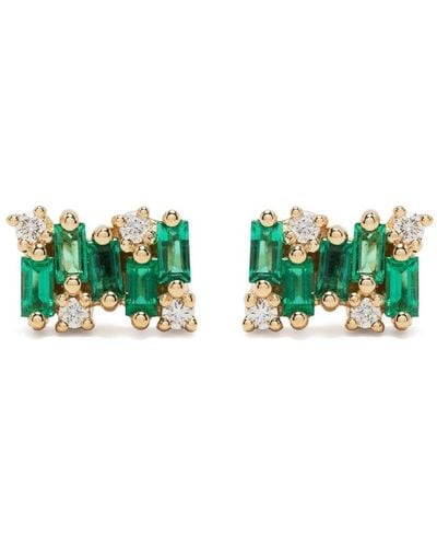 Suzanne Kalan 18kt Yellow Gold Diamond And Emerald Stud Earring - Green