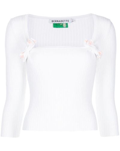 BERNADETTE Ribbed-knit Bow-detail Top - White