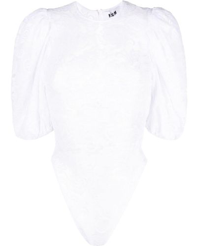 MSGM Floral-lace Puff-sleeve Top - White