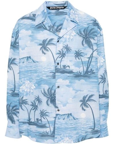 Palm Angels Sunset-Print Bowling Shirt - Blue
