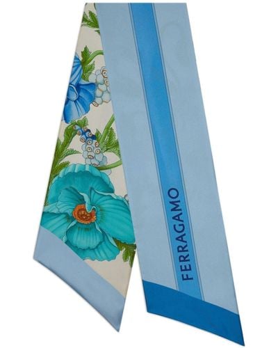 Ferragamo Poppies-print Cashmere Bandeau Scarf - Blue
