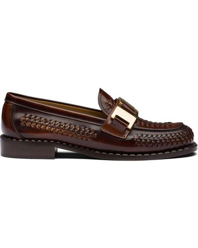 Prada Buckled Woven Loafers - Brown