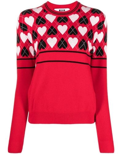 MSGM Heart-print Intarsia-knit Sweater - Red