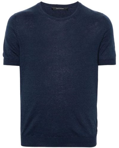 Tagliatore Fijngebreid Linnen Katoenen T-shirt - Blauw