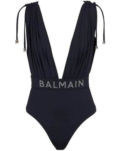 Balmain Logo Draped Swimsuit - Blue