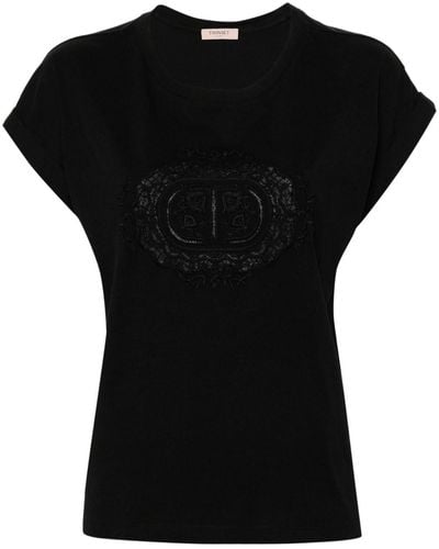 Twin Set Logo-embroidered Lace-panelling T-shirt - Black