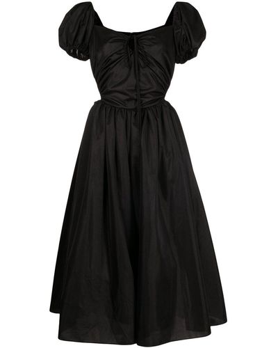Pushbutton Puff-sleeve Midi Dress - Black