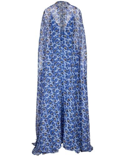 Carolina Herrera Cape-detail Floral Silk Georgette Gown - Blue