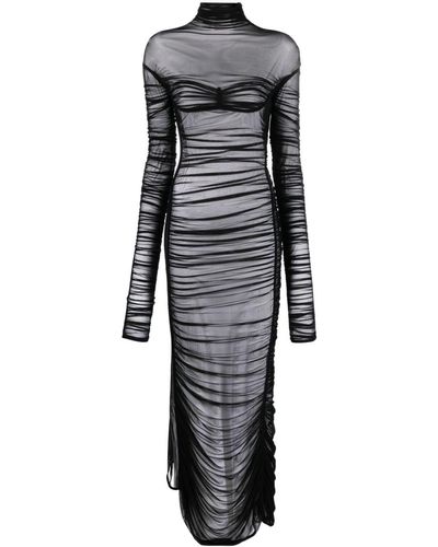 Mugler Fishnet ruched sheer maxi dress - Nero