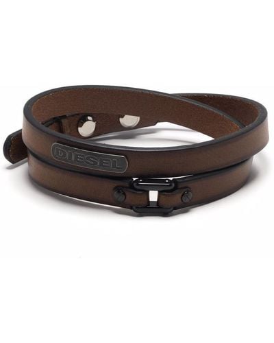 DIESEL Logo-tag Leather Wrap Bracelet - Brown