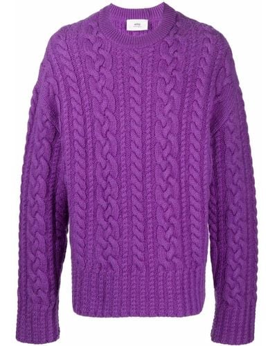 Ami Paris Cable-knit Crew-neck Sweater - Purple