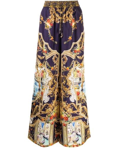 Camilla Graphic-print Silk Palazzo Trousers - Blue