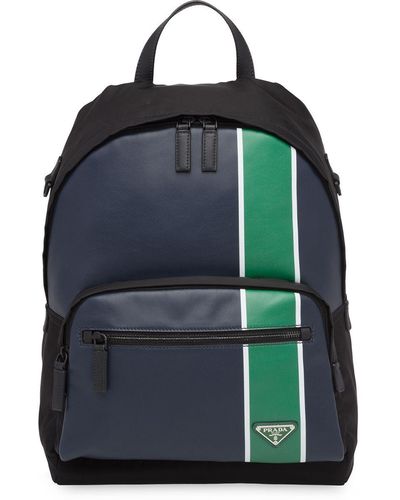 Prada Technical Fabric And Leather Stripe Backpack - Blue