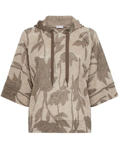 Brunello Cucinelli Floral-jacquard Hooded Top - Natural