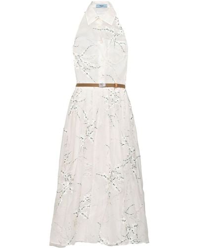 Prada Floral-Embroidered Silk Midi Dress - White